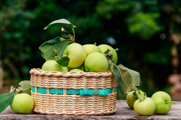 Fresh ripe apples in basket on the rustic wooden table outdoor