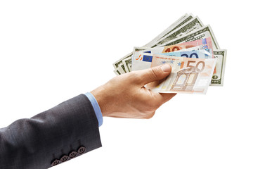 Man's hand in suit holding euro and dollars money isolated on white background. High resolution product. Close up