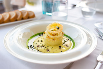 Salt cod dish with decoration, haute cuisine appetizer