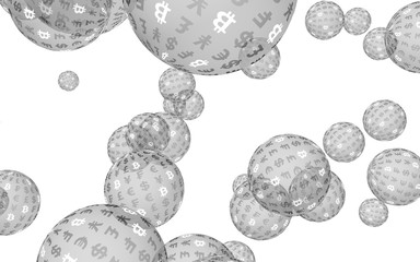 Bitcoin economic financial bubble. Cryptocurrency 3D illustration. Digital white background. Business concept.