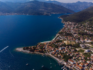 aerial view of yachts in city docks of montenegro