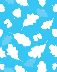 Seamless pattern, silhouettes of the leaves of an oak and acorns on a blue background.