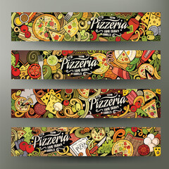 Cartoon cute colorful vector hand drawn doodles Pizzeria banners - obrazy, fototapety, plakaty