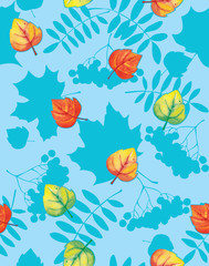Seamless pattern, autumn leaves on a blue background.