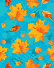 Fototapeta na wymiar Seamless pattern, maple leaves on a blue background. It will be a beautiful bright autumn print.