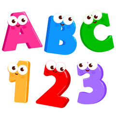Cartoon Letters ABC and numbers 123 with cute and funny faces. Vector illustration - obrazy, fototapety, plakaty