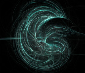 Fractal abstraction. A glowing center around which spirals and waves.