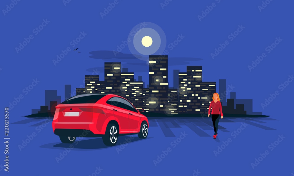 Wall mural vector illustration of a red car suv parking on the street at night with young woman walking silhoue