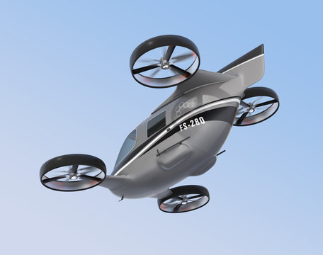 Rear view of self driving Passenger Drone flying in the sky. 3D rendering image.
