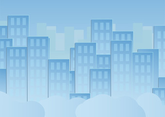 Obraz premium Blue sky with cloud and urban buildings. Vector illustration design in paper cut and flat.