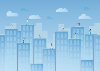 Blue sky with cloud and urban buildings. Vector illustration design in paper cut. Flat city.
