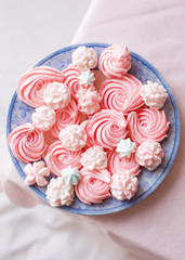  Beautiful desserts are pink. Mini-cakes and marshmallows, meringues
