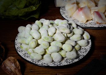 dish of frozen beans on wood