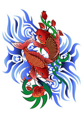 two koi fish on wave tattoo