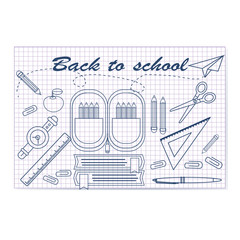 Back-to-school-Vector-illustration-School-notebook-with-painted-pen-pile-of-books-wrist-watch-ruler-pencil-case-notebook-and-pen