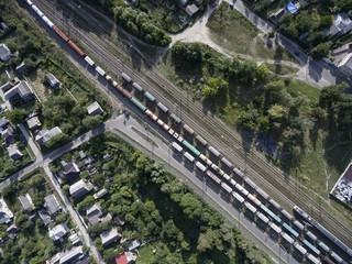 railway, trains with wagons, view from above