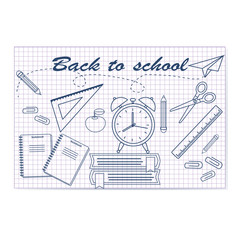 Back-to-school-vector-illustration-School-notebook-with-painted-pen-with-drawings-pile-of-books-alarm-clock-ruler