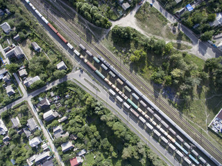 Fototapeta na wymiar railway, trains with wagons, view from above