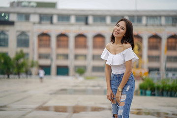 Young asian woman traveling to landmark in Bangkok Thailand.