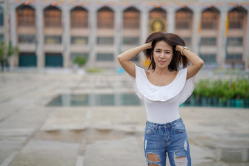 Young asian woman traveling to landmark in Bangkok Thailand.