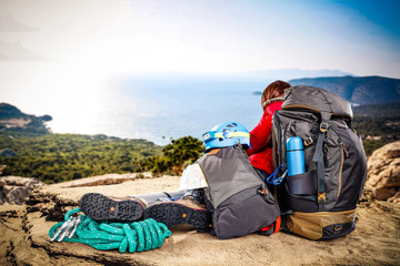 Woman on top and autumn trip time 