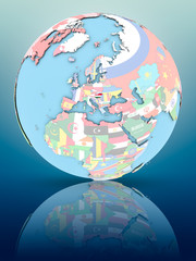 Obraz premium Hungary on political globe with flags