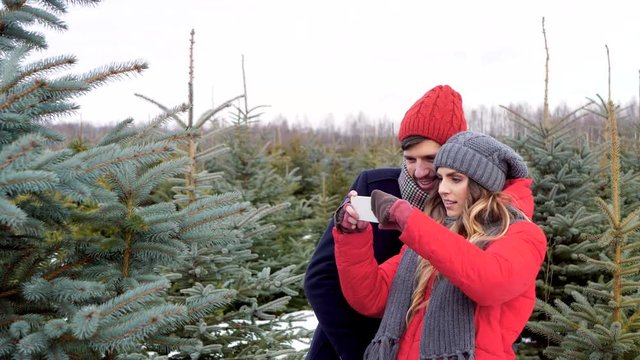 Couple taking a photo in coniferous forest
