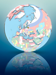 Obraz premium Lithuania on political globe with flags