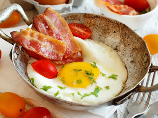 Breakfast with fried eggs and bacon - Continental breakfast