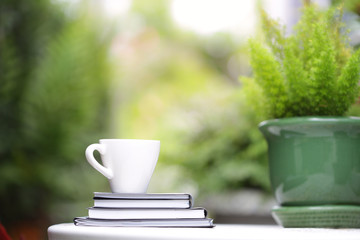 White coffee cup and notebooks with green plants