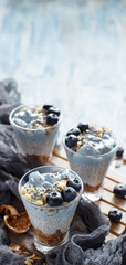 Blueberries and yogurt chia pudding parfait