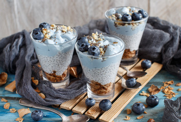 Blueberries and yogurt chia pudding parfait