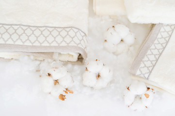 Fototapeta na wymiar Delicate white cotton flowers and towels. Organic cotton bathroom supplies