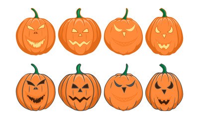 Set pumpkins for Halloween. Isolated on white background. Flat style vector illustration. 