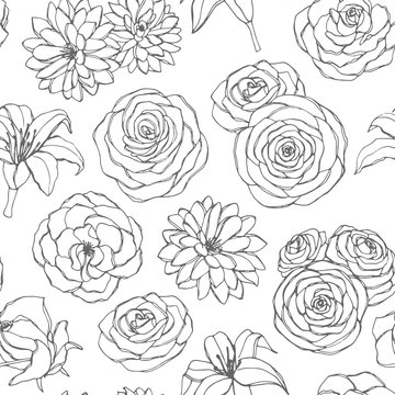 Vector seamless pattern with lily, chrysanthemum, camellia, peony and rose flowers line art on the white background. Hand drawn floral ornament of blossoms in sketch style. Usable for coloring books.