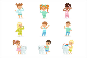 Cute little boys and girls brushing teeth. Colorful cartoon characters