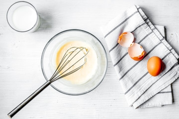 cooking pancake on white background top view ingredients for mak
