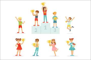 Fototapeta premium Smiling young boys and girls celebrating their medals and winner cups, set for label design. Cartoon detailed colorful Illustrations