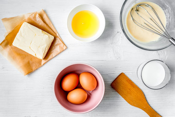cooking pancake on white background top view ingredients for mak