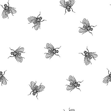 Fly in chaos vector seamless white pattern