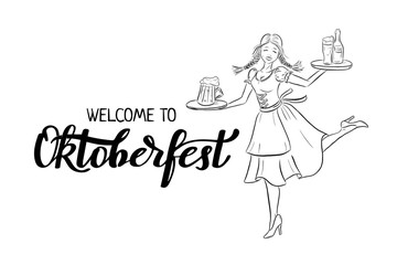 Hand drawn Oktoberfest typography and outline illustration of smiling girl in traditional german costume with beer on tray. Dancing bavarian waitress and elegant lettering for holiday poster, banner