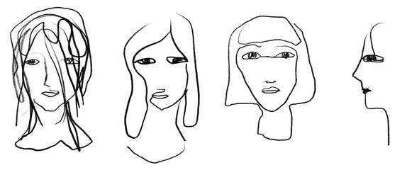 Digital line drawing sketch of four portraits: three seen from the front and one profile - 220227124