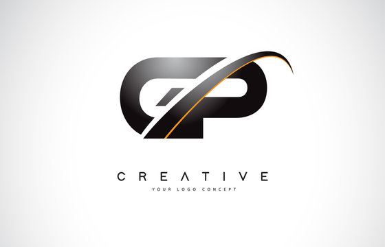 GP G P Swoosh Letter Logo Design With Modern Yellow Swoosh Curved Lines.