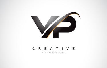 VP V P Swoosh Letter Logo Design with Modern Yellow Swoosh Curved Lines.