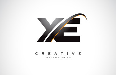 XE X E Swoosh Letter Logo Design with Modern Yellow Swoosh Curved Lines.