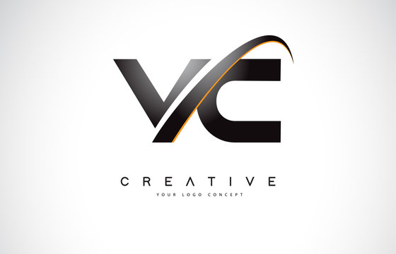 VC V C Swoosh Letter Logo Design with Modern Yellow Swoosh Curved Lines.