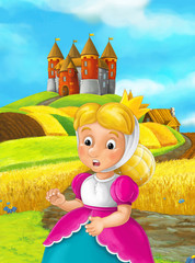 Obraz na płótnie Canvas cartoon scene with happy princess in the farm field near the castle - illustration for children