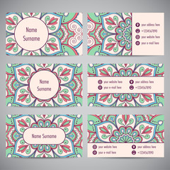 Set of business cards with floral mandala ornaments. Vector illustration