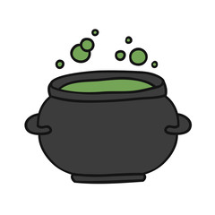 Witch cauldron with green gurgling potion. Doodle cartoon cauldron. Hand-drawn design element for Halloween.