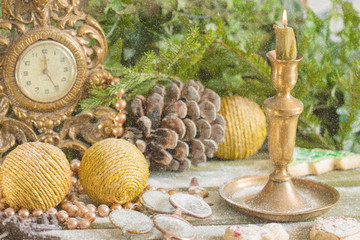 New Year's decor. Retro clock with old fashioned christmas tree decorations.
